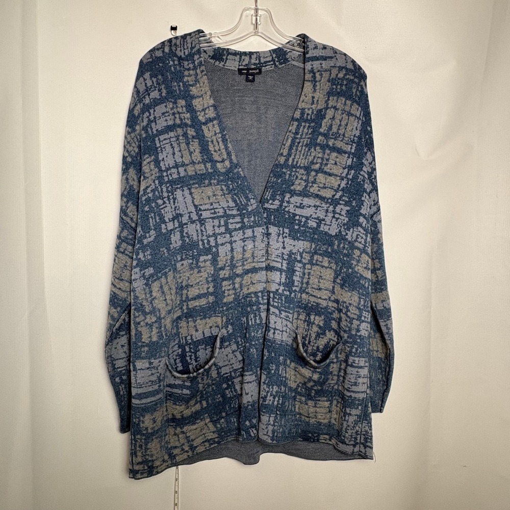 Indigo Pure Jill Petite M Blue‎ Tan Abstract Print V Neck L/S Sweater Cardigan